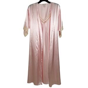 Enchanted Pink Satin Nightgown & Robe Set Lace Trim Vintage‎ Glam Sleepwear